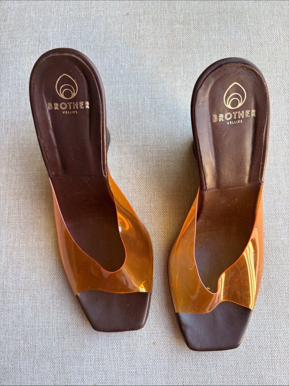 Brother Vellies Brown Footbed with Translucent Orange Strap Slide Mules